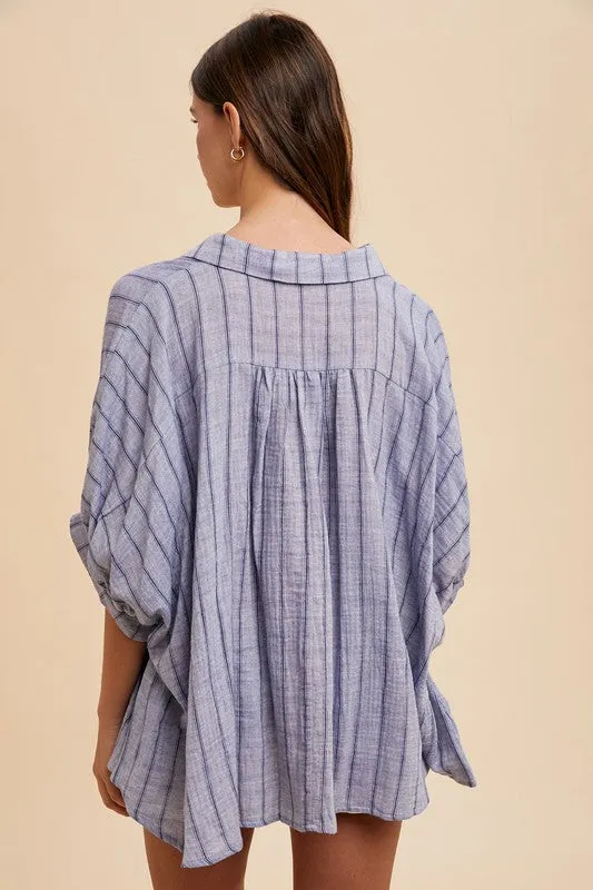 Annie Wear Striped Button Up Top- Blue