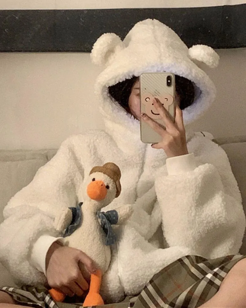 Bear Ear Fuzzy Zip Up Hooded Jacket