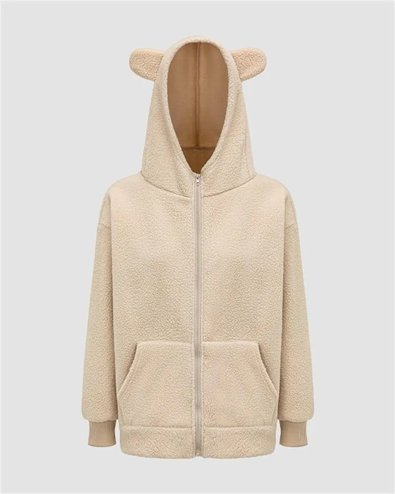 Bear Ear Fuzzy Zip Up Hooded Jacket