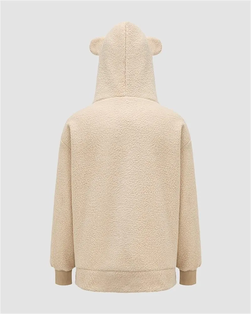 Bear Ear Fuzzy Zip Up Hooded Jacket