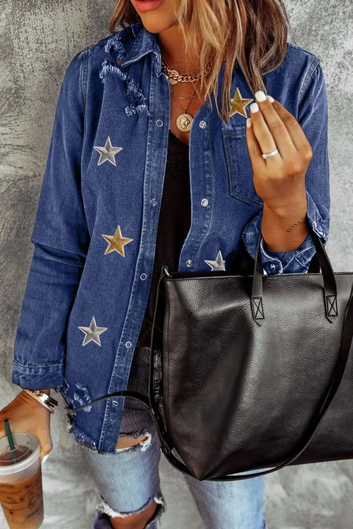 Blue Star Embroidery Distressed Denim Shacket