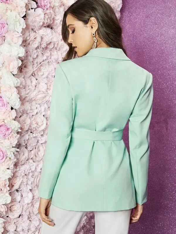 CM-CS121951 Women Elegant Seoul Style Notched Collar Double Breasted Belted Blazer - Green