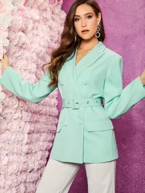 CM-CS121951 Women Elegant Seoul Style Notched Collar Double Breasted Belted Blazer - Green