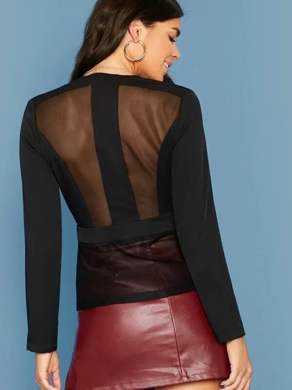 CM-CS830964 Women Elegant Seoul Style Long Sleeve Plunge Neck Mesh Panel Tailored Blazer - Black