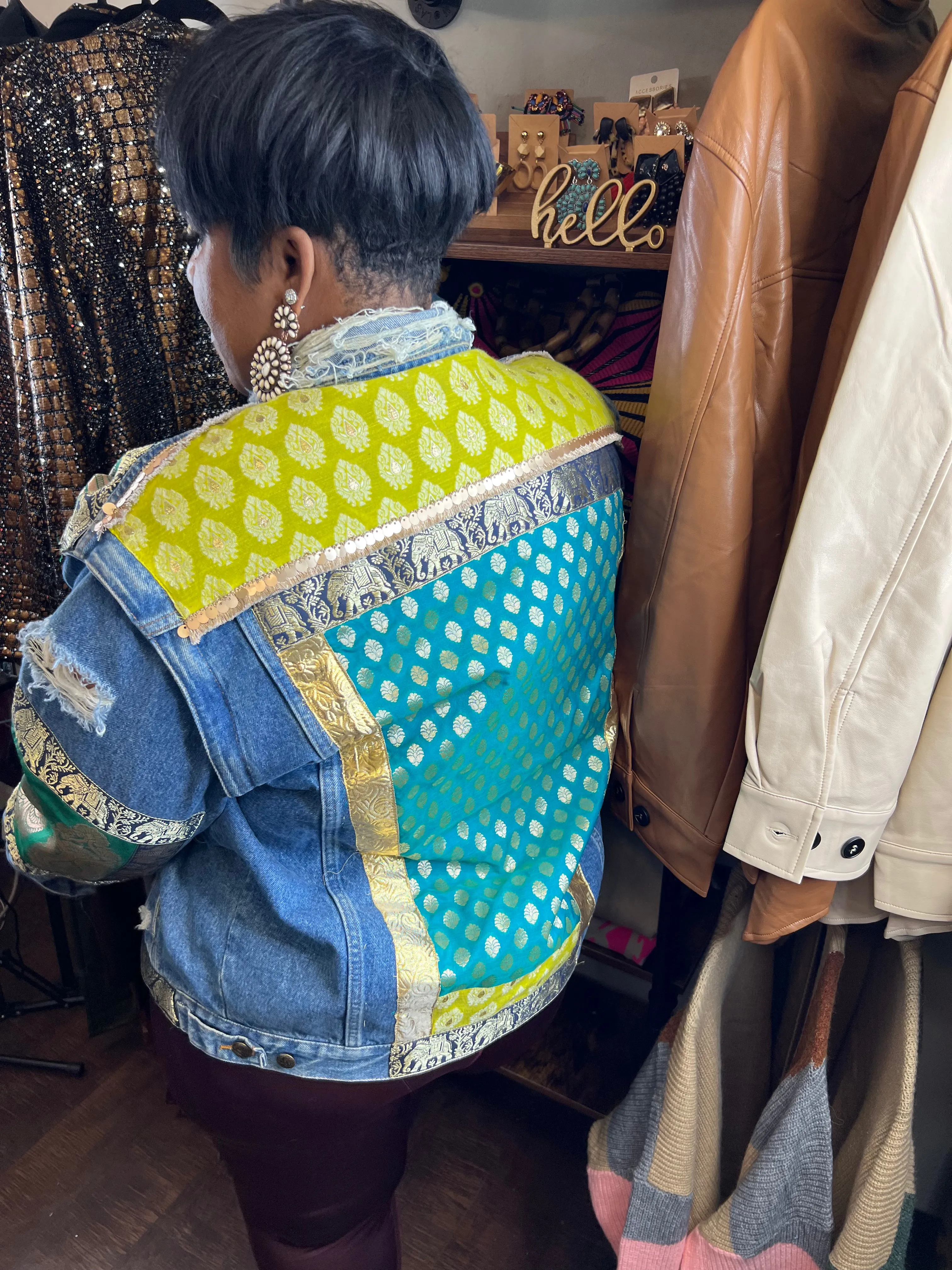 Custom Green/Yellow Patterns Denim Jacket