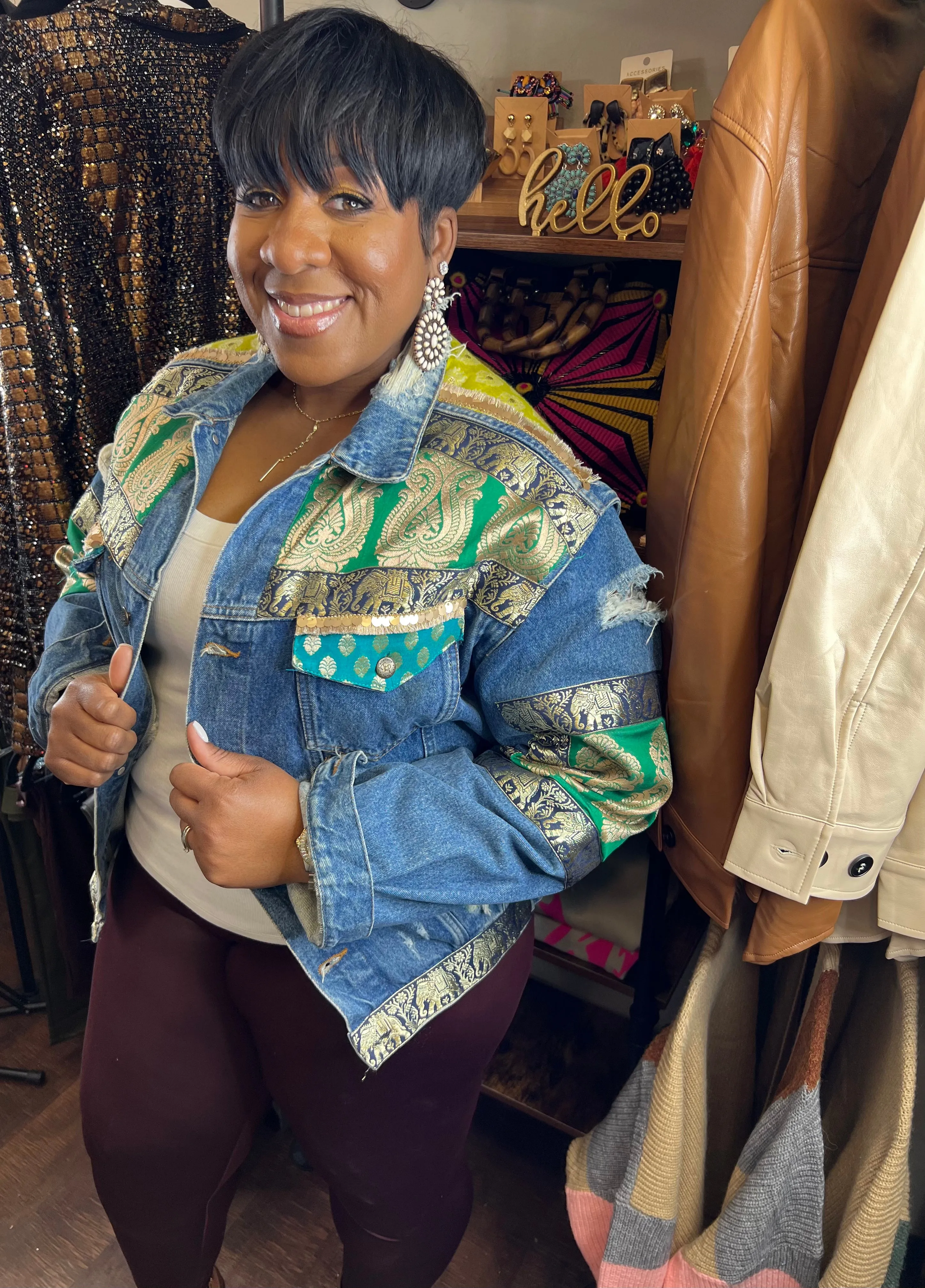 Custom Green/Yellow Patterns Denim Jacket