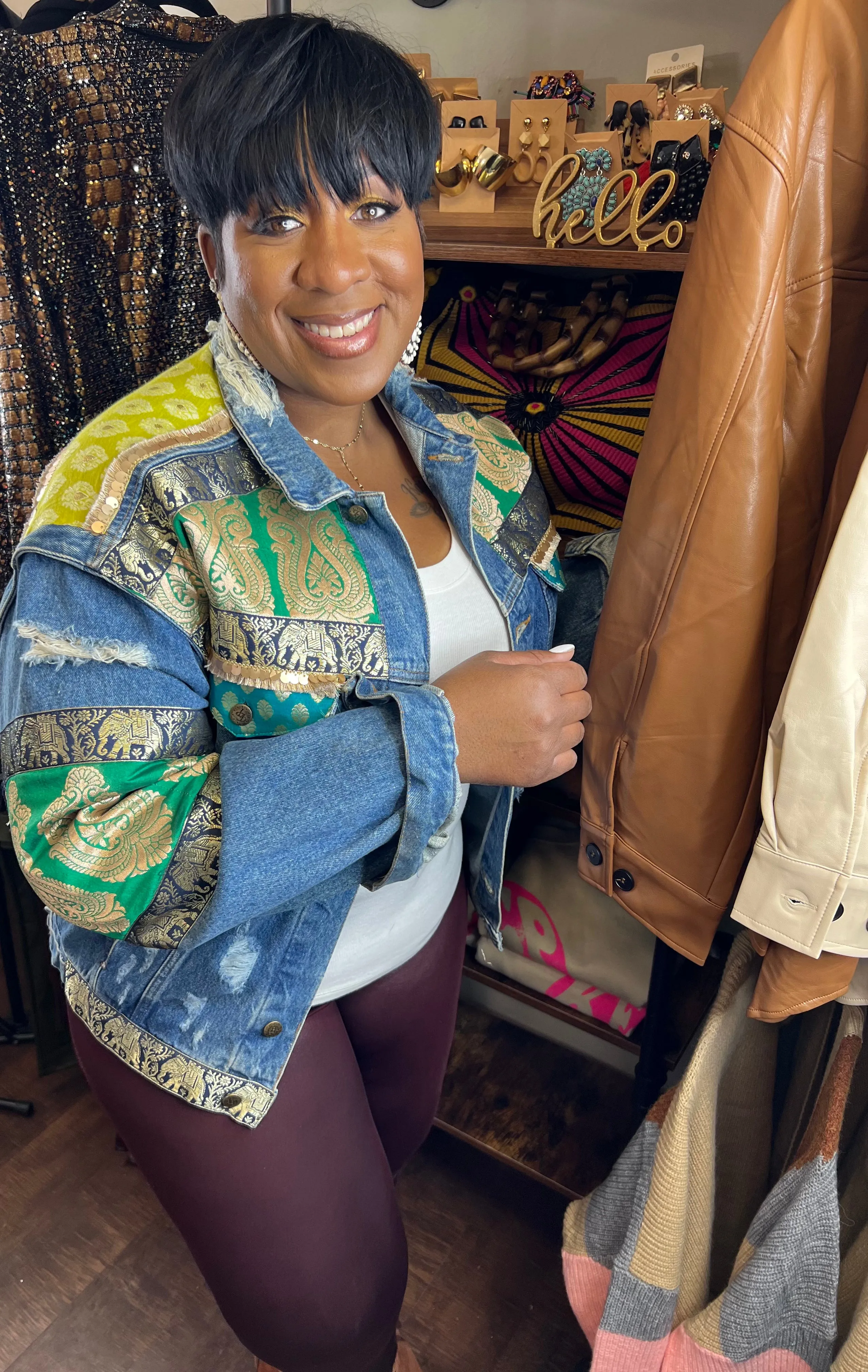 Custom Green/Yellow Patterns Denim Jacket