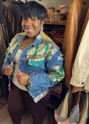 Custom Green/Yellow Patterns Denim Jacket