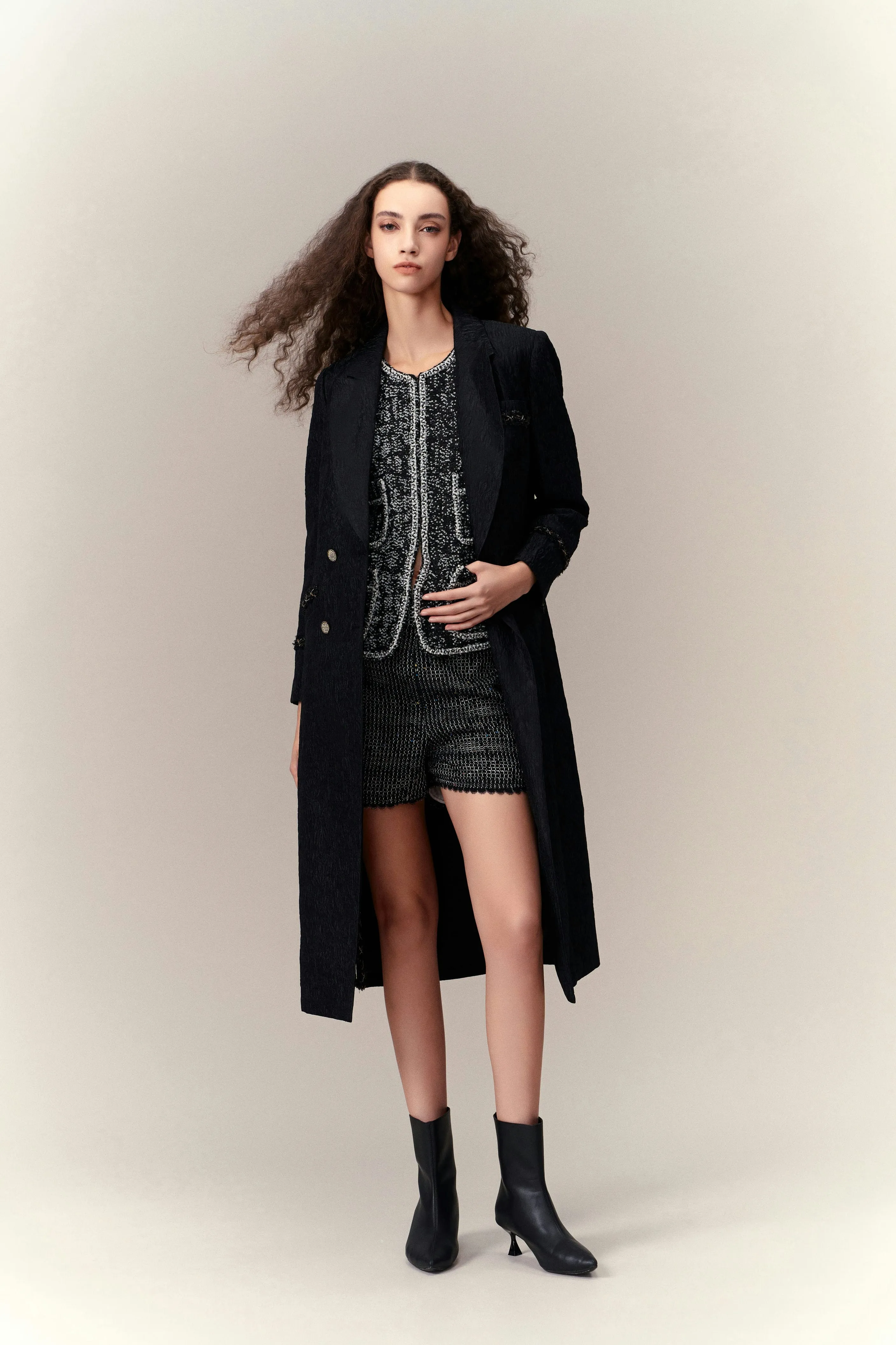 Double-breasted Embossed Pattern Maxi Coat