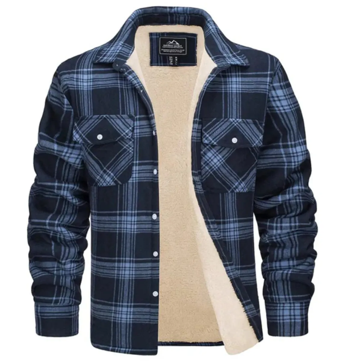 Men's Fleece-Lined Flannel Shirt Jacket - Long Sleeve - Button Closure - Checked Pattern - Winter Outerwear
