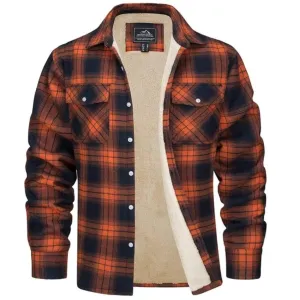 Men's Fleece-Lined Flannel Shirt Jacket - Long Sleeve - Button Closure - Checked Pattern - Winter Outerwear