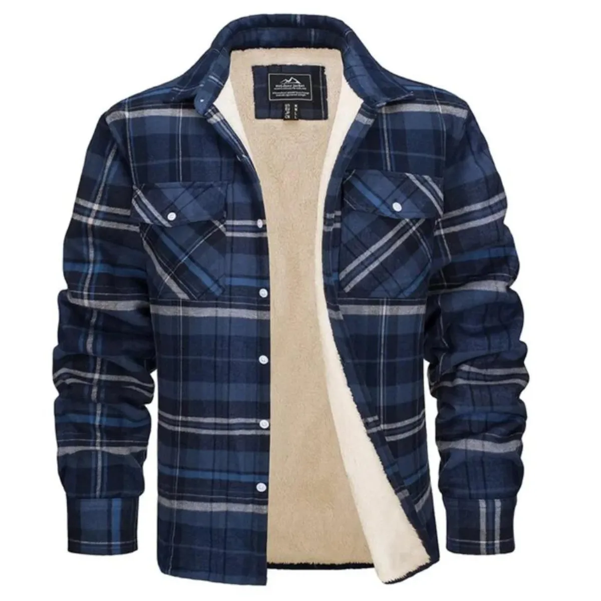 Men's Fleece-Lined Flannel Shirt Jacket - Long Sleeve - Button Closure - Checked Pattern - Winter Outerwear