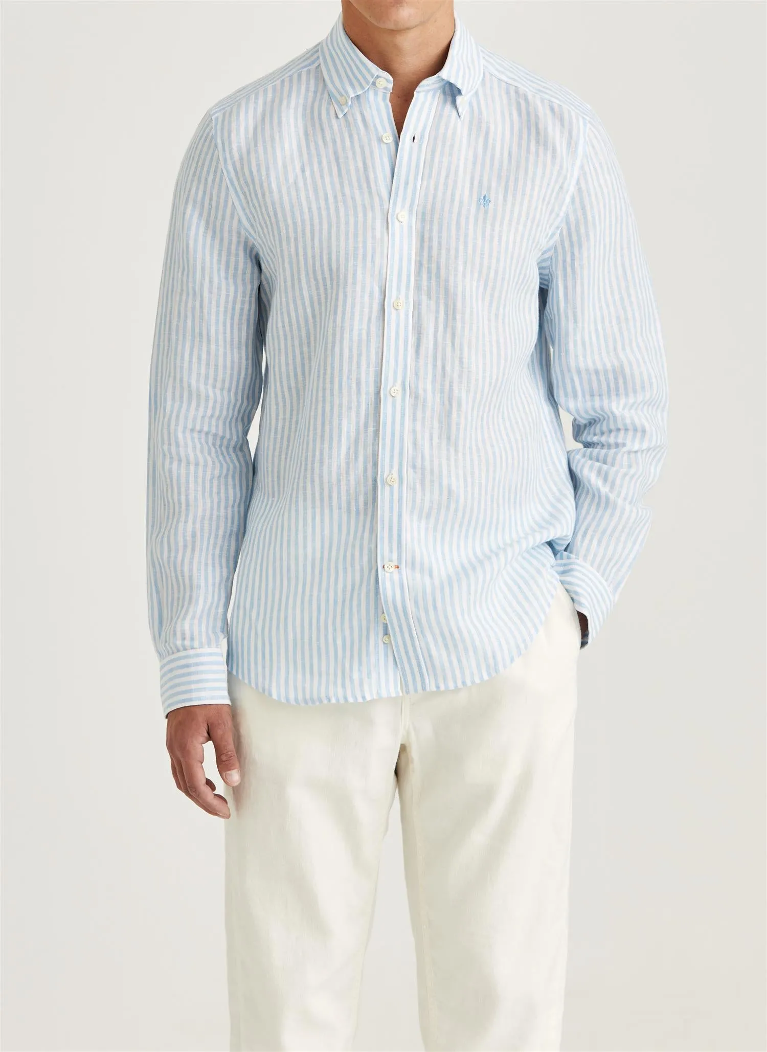 Morris Douglas L/Erm Skjorte Striper Lin Blå/Hvit