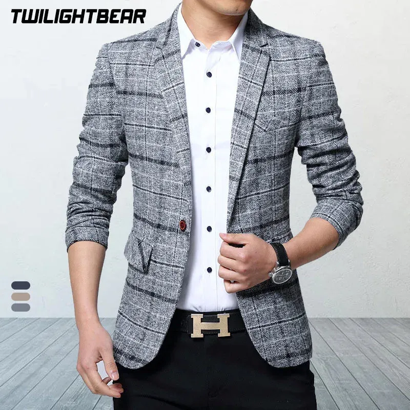 New Men Blazers 4XL 5XL Spring British Style Plaid Male Slim Fat Business Casual Blazer Coat Men Suit Jacket Outerwear AF603