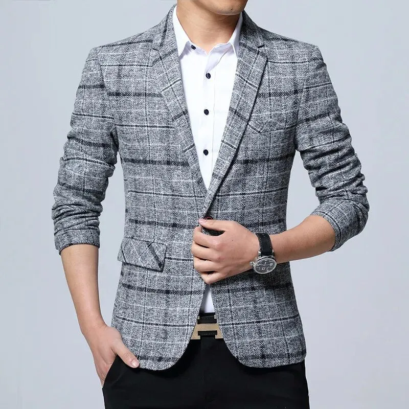 New Men Blazers 4XL 5XL Spring British Style Plaid Male Slim Fat Business Casual Blazer Coat Men Suit Jacket Outerwear AF603