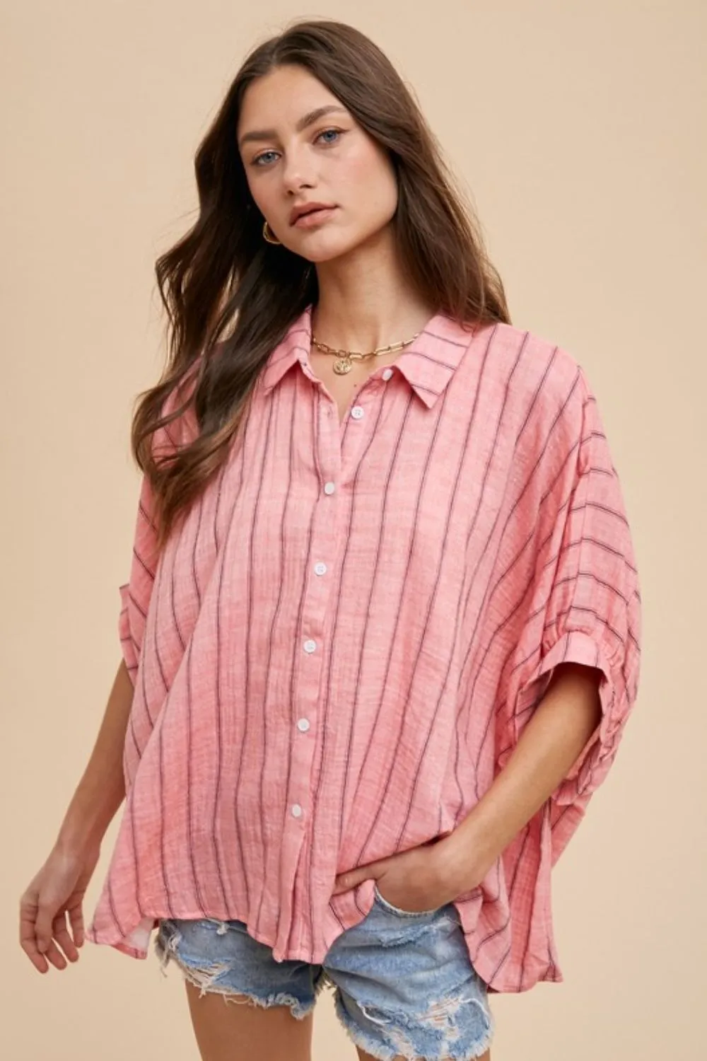 Pink Striped Button Up Half Sleeve Shirt