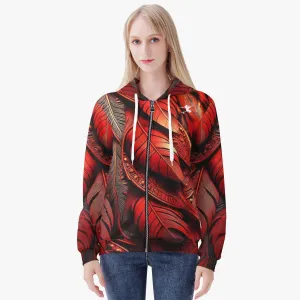 Red Tribal Feathers Women's Zip Up Hoodie