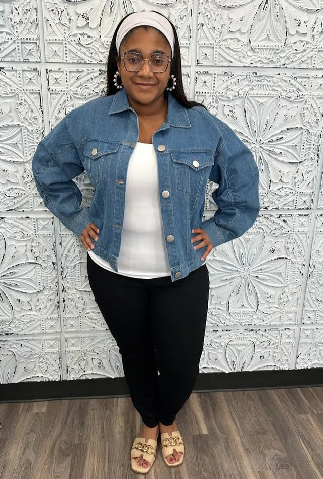 Reg/Curvy Rouched Long Sleeve Washed Denim Jacket