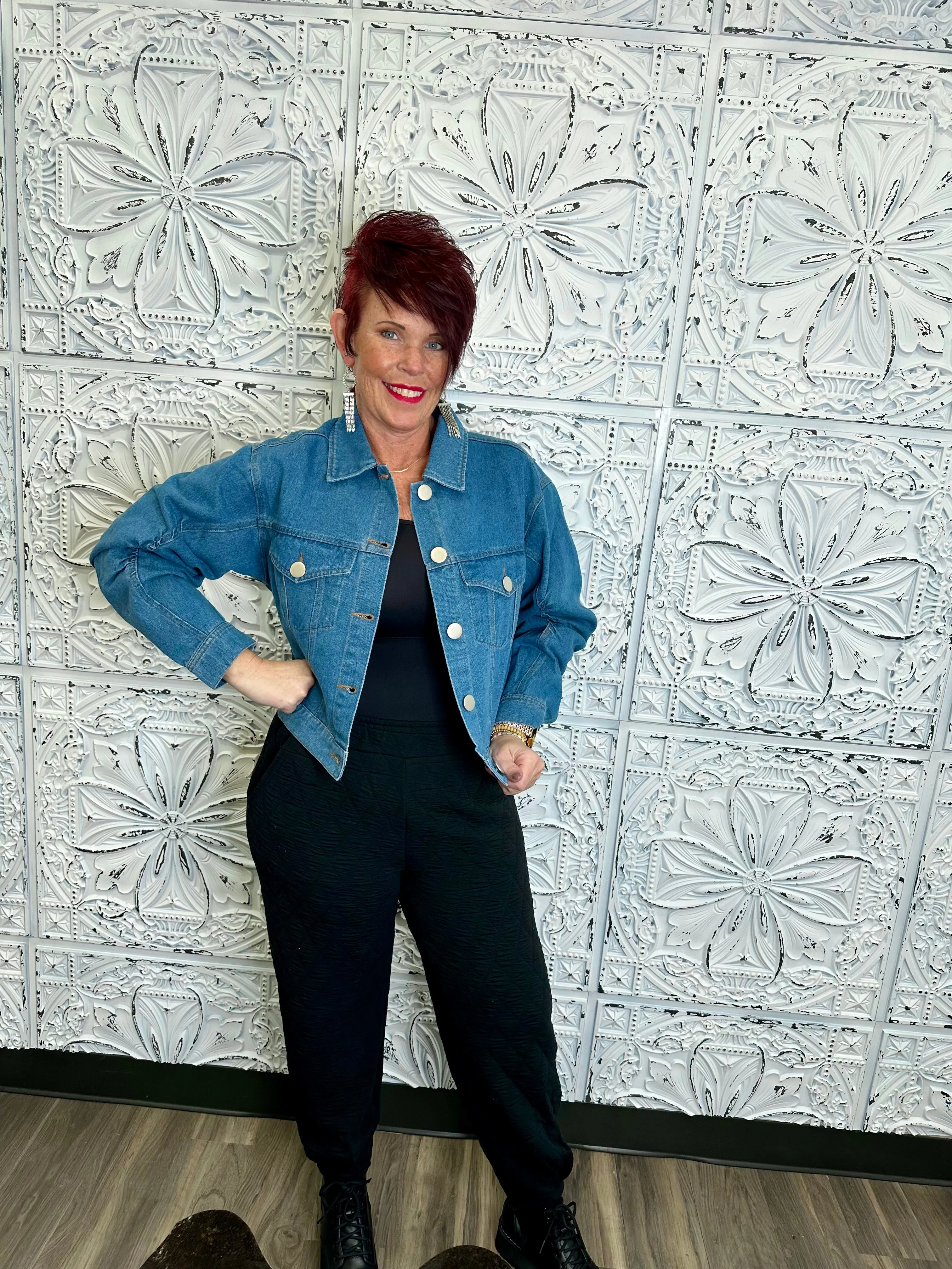 Reg/Curvy Rouched Long Sleeve Washed Denim Jacket