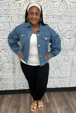 Reg/Curvy Rouched Long Sleeve Washed Denim Jacket