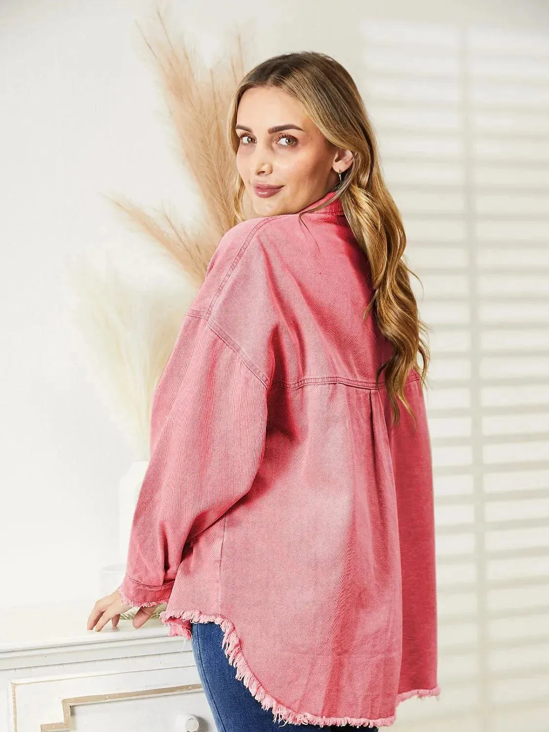 Stay Stylish with Women's Distressed Raw Hem Denim Jacket
