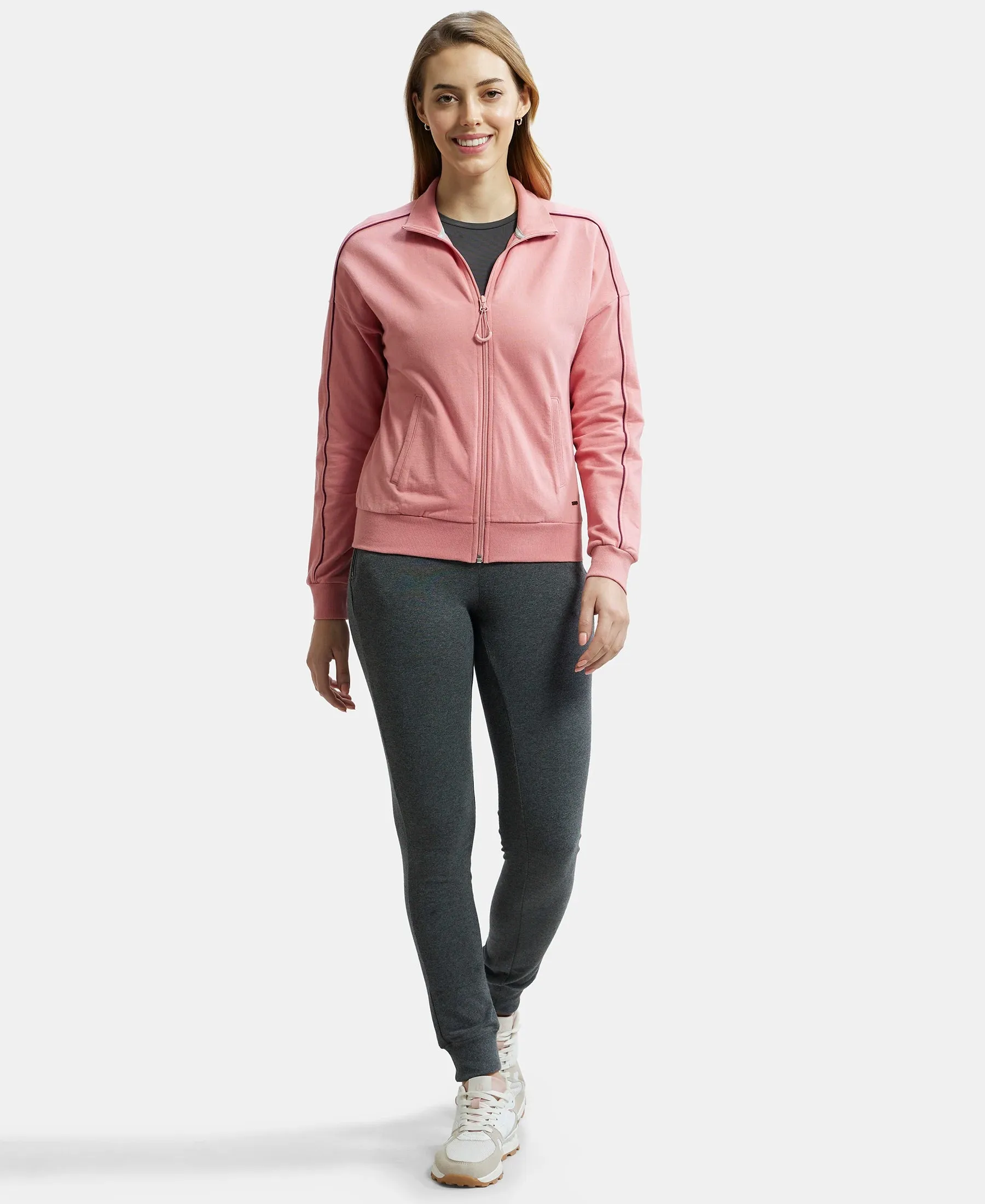 Super Combed Cotton French Terry Drop Shoulder Styled Jacket with Ribbed Cuff and Hem - Brandied Apricot