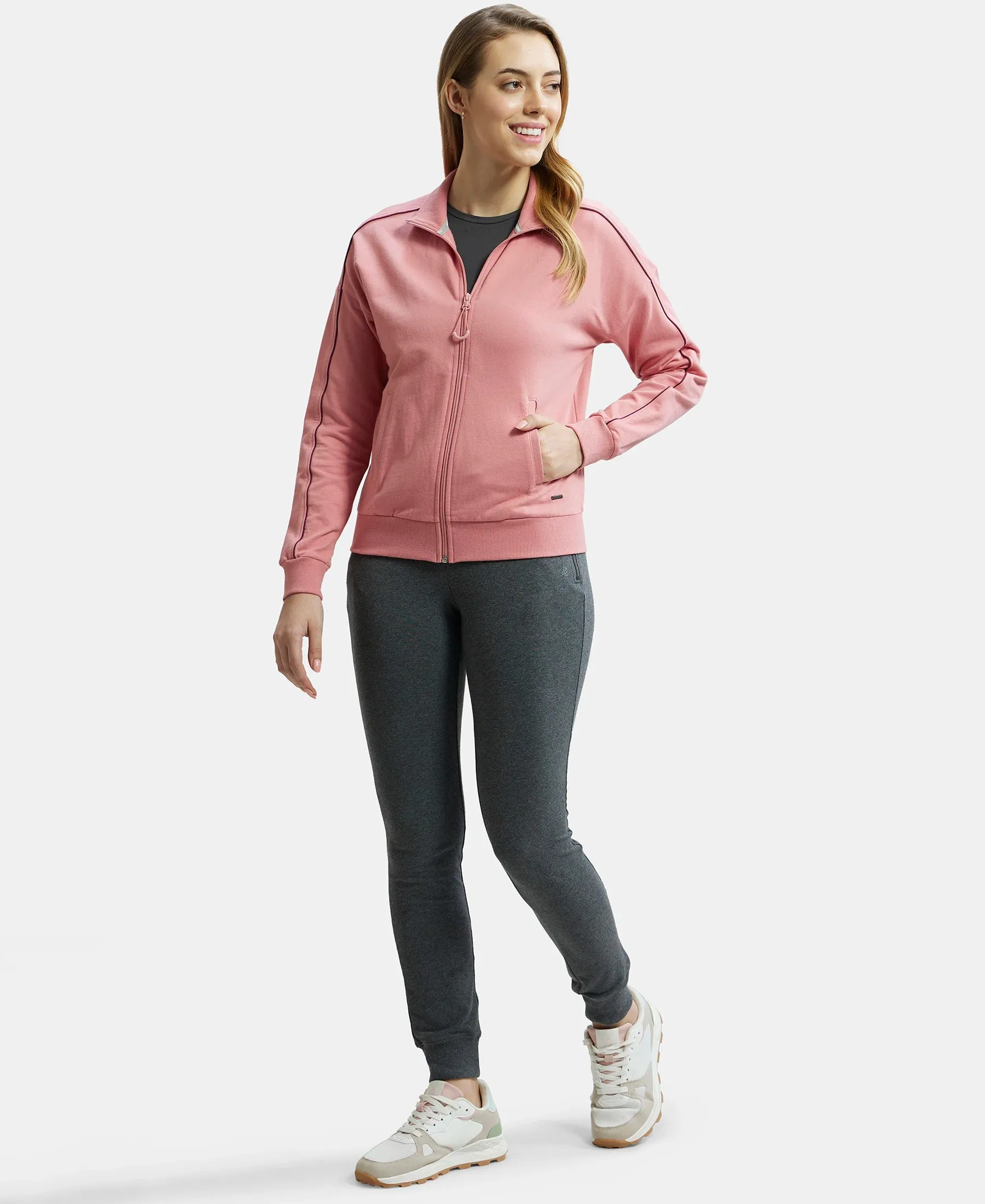 Super Combed Cotton French Terry Drop Shoulder Styled Jacket with Ribbed Cuff and Hem - Brandied Apricot
