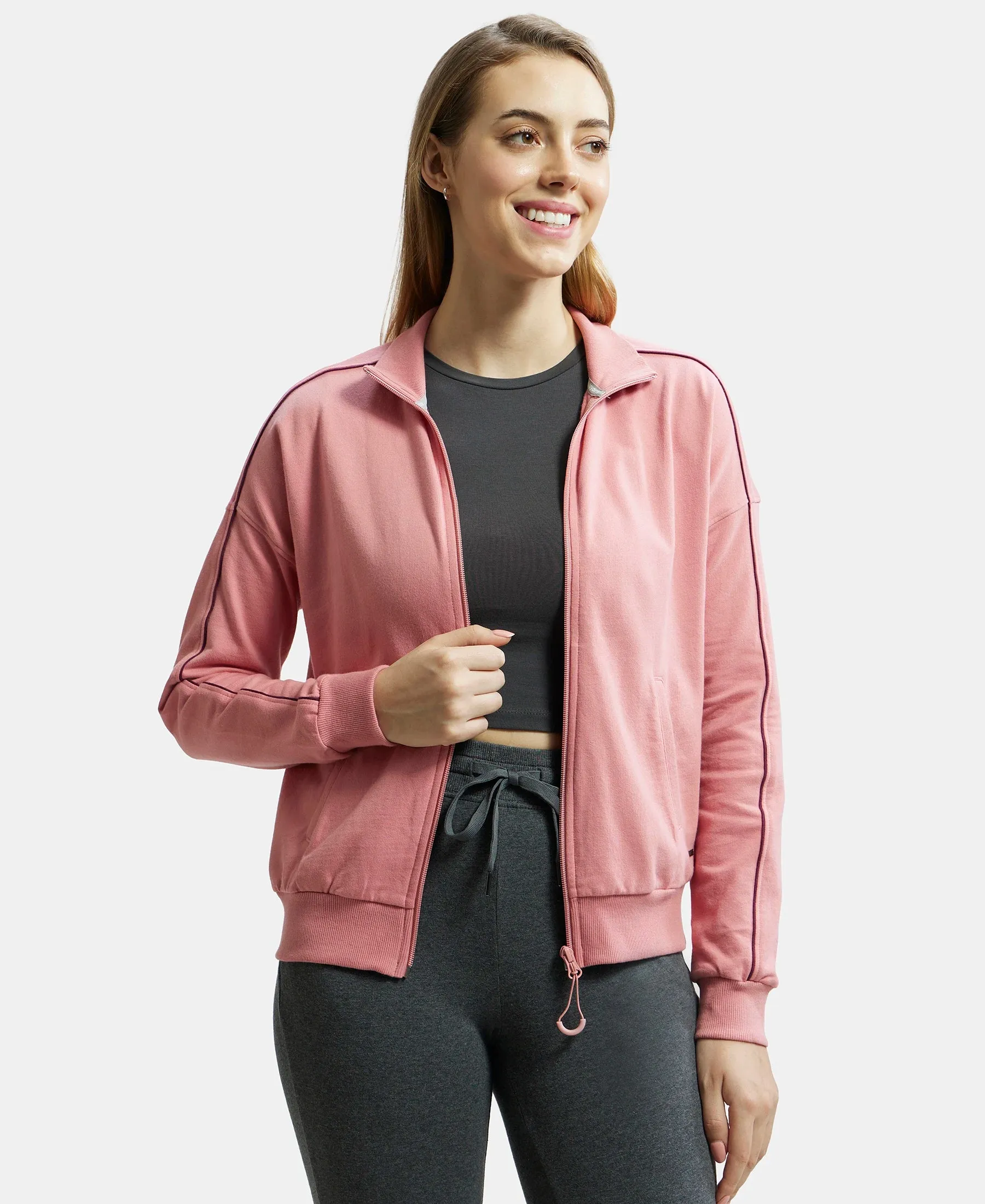 Super Combed Cotton French Terry Drop Shoulder Styled Jacket with Ribbed Cuff and Hem - Brandied Apricot