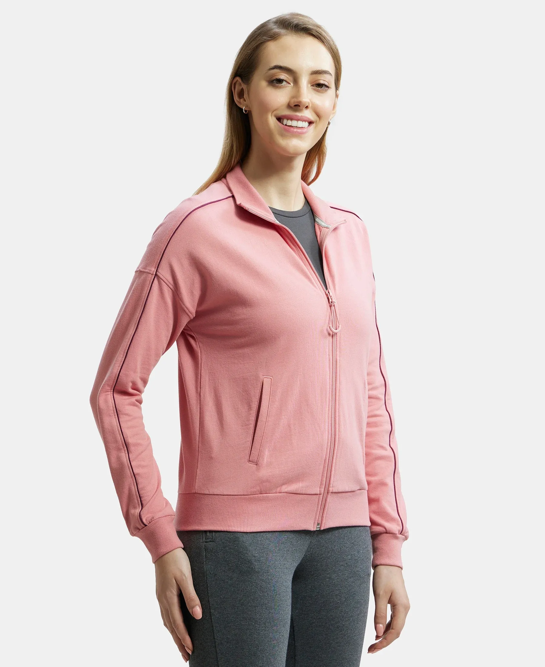 Super Combed Cotton French Terry Drop Shoulder Styled Jacket with Ribbed Cuff and Hem - Brandied Apricot
