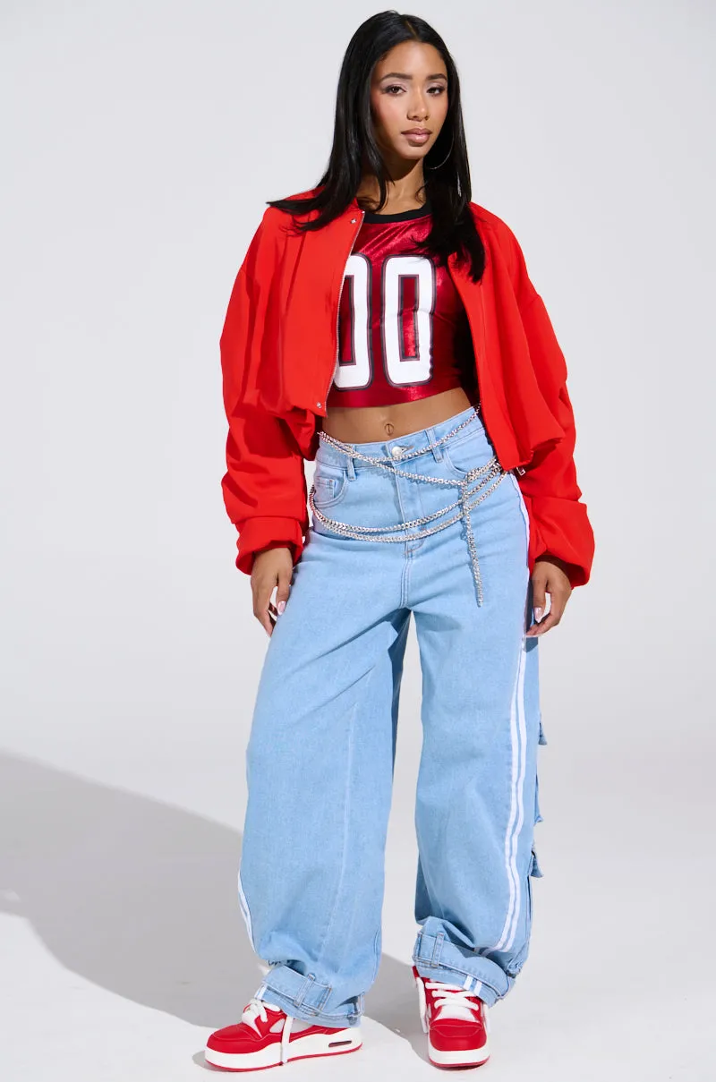 TREY RUCHED SLEEVE BOMBER IN RED