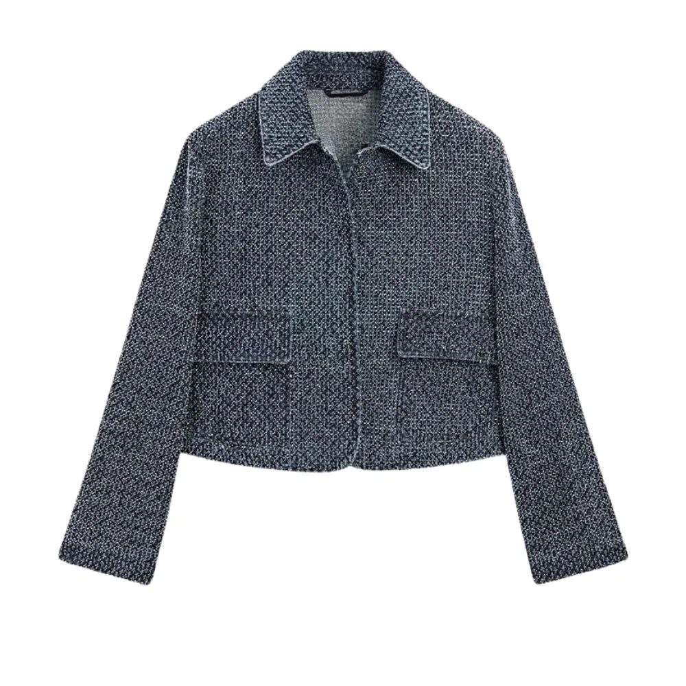Women's Cropped Tweed Jacket – Navy Blue